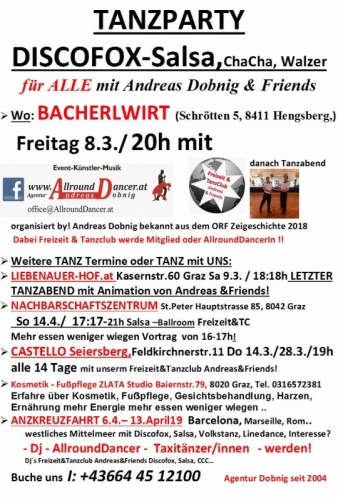 Bacherlwirt Hengsberg 8.3.um20h Tanzparty Schrötten 5,8411Hengsberg,Liebenauerhof letzter Tanzabend 9.3. um 18h, Tanzkreuzfahrt